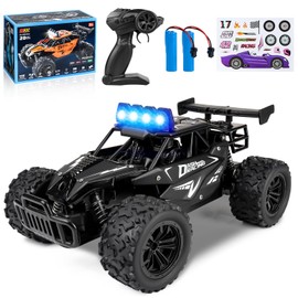 Joellfuner Remote Control Car, 2.4GHz 1:16 Offroad Monster RC Truck, 2WD 20 km/H RC Car with Four Colour LED Light, RC Truggy with High and Low Gears for Children from 3 Years (Black)