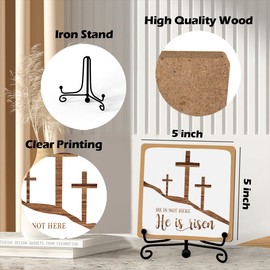 JUSITAKEET He Is Risen Decor, Easter Sign For Home, Rustic Wooden Plaque With Stand (5" x 5")