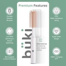 Büki Electric Baby Bottle Cleaning Brush Set - Rechargeable Electric Bottle Brush with Straw Cleaner - Water Bottle Cleaning Kit, Nipple Brush, 1200mAh Brush Cleaner (by Kindersense), Pink