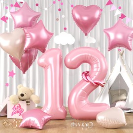 Pastel Pink 12 Balloons, Baby Pink 12 Number Balloons, Pink Number 12 Balloons Set, Pink Foil Star Heart Balloons With Long Balloons For Gilrs Woman 12th Birthday Party 1st 2nd Baby Shower Decor