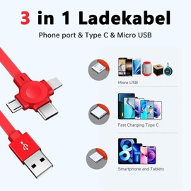 Gartmost 3-packs Drei in einem Ladekabel, 3 in 1 Ladekabel einziehbar, 1 Meter Länge, Kompatible USB C(Type-C)/Micro USB/IP, Kompatibel mit Telefon, Android, Tablet (Blau+Rot+Grün)