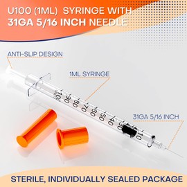 U-100 1cc Syringes with 31G 5/16 Inch Needle, Individually Packed, Pack of 100