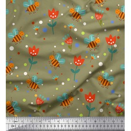 Soimoi Green Silk Fabric Dot,Floral & Honey Bee Clip Art Printed Fabric 1 Yard 42 Inch Wide