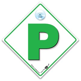 P Plate Suction Cup Car Sign, New Driver Car Sign, Green P-Plate Advisory Suction Cup Car Sign in Green and White 14cm x 14cm