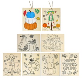 12 Pcs Fall Thanksgiving Unfinished Wood Ornaments to Paint Predrilled Pumpkin Scarecrow Maple Leaf Wooden Slices with Jute Ropes Craft Supplies Decor