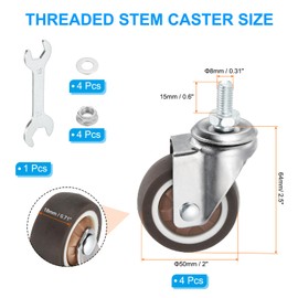 PATIKIL 2 Inch Stem Casters, 4 Pack Low Profile TPR Threaded Swivel Caster Wheel 360 Degree Rotation M8 x 15mm Total Load 231 Lbs for Rolling Cart Dolly Furniture Replacement, Brown