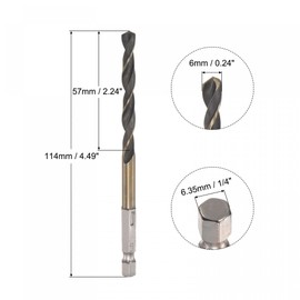 sourcing map High Speed Steel Hex Shank Twist Drill Bit, 6mm Drilling Dia with 1/4 Inch Hex Shank 114mm Length