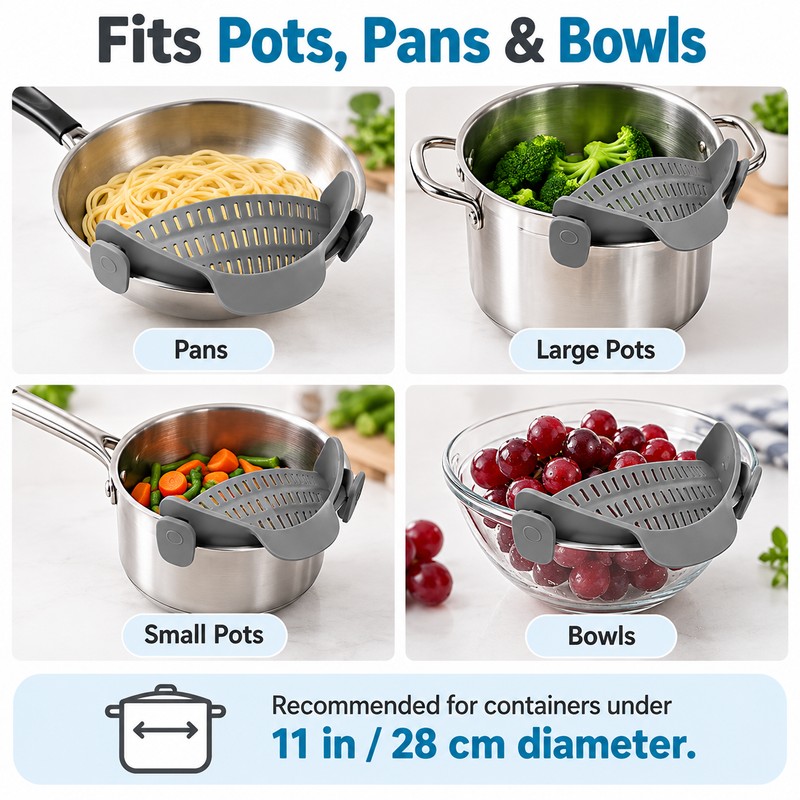 Clip-On Silicone Pot Strainer for Pasta & Vegetables – Flexible