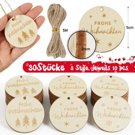 BOFUNX Pack of 30 wooden gift tags, Merry Christmas, wooden pendants, round wooden discs, wooden decoration, confetti decoration for Christmas