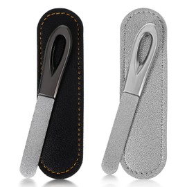 Nail File Set, 2Pcs Mini Metal Nail Files with Leather Cases, Stainless Steel Nail Files for Men, Travel Size Nail Files for Acrylic and Gel Nails (1 Black/1 Silver, 3.9 Inch)