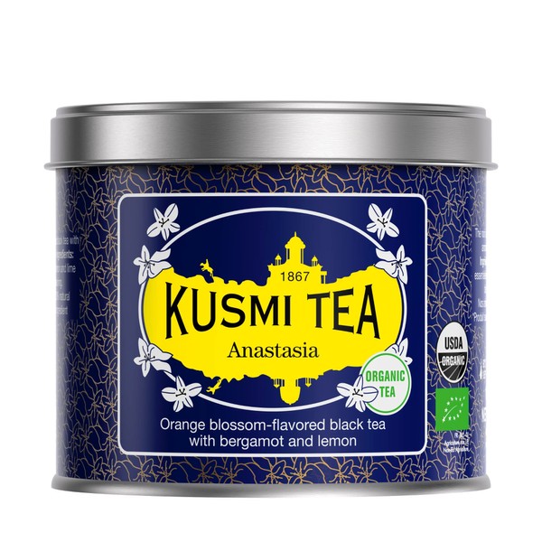 Kusmi Tea - Anastasia - Organic - Black Tea with Combination of Bergamot, Lemon, Lime & Orange Blossom Essential Oils - 100g of Organic Loose Leaf Black Tea in Eco-Friendly Metal Tin