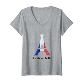 Women's Vintage Paris France Eiffel Tower La vie est belle T-Shirt with V-Neck