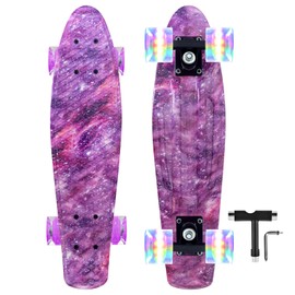 Nattork Skateboards 22 Inch Mini Cruiser Purple Skateboard Complete Retro Skate Boards with Colorful Light Up PU Wheels for Kids Girls Boys Beginners