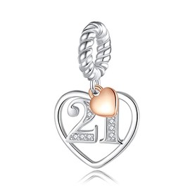 ABAOLA Number Dangle 10.16.18.20.21.30.40.50.60 Years of Love Cubic Zirconia Charm in 925 Sterling Silver,Number pendant with Rose Gold Heart, Sterling Silver, 925 sterling silver