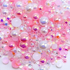 Perlas planas y diamantes de imitación de 60 g para manualidades, 3620 piezas de mezcla de 2 mm a 10 mm para uñas, vasos de arte facial, con pinzas, bolígrafo de cera, blanco, rosa
