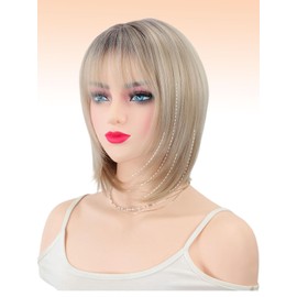 Webshaiy Ready to Go Layered Bob Glueless Wig with Bangs, Women's Short Wig with Fringe for Women, Smooth Synthetic Wigs with Dark Roots, Ombre Light Blonde Wig with Human Hair-Like Fibre