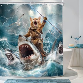 Homewelle Funny Cat Shower Curtain Riding Hilarious Shark Riding Shark Surfing Cool Beach Ocean Waves 72Wx72H Inch Blue Sky White Clouds for Boys Men Waterproof Polyester Fabric Bathroom Bathtub