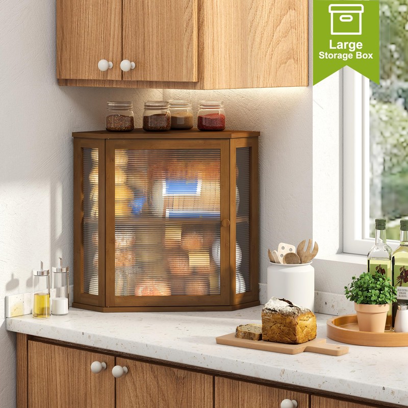 BMOSU Corner Bread Box for Kitchen Countertop Double Layer Bamboo