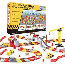 USA Toyz LED Race Tracks and LED Toy Trucks Construction Set - 247pk STEM Building Bendable Construction Tracks Set with 2 Light Up Toy Cars
