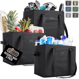 GORILLA GRIP 50lb Large Capacity Reusable Grocery Bags, 3 Pack, Tear Resistant Heavy Duty Shopping Tote with Reinforced Handles, Grip Feet, Easily Carry Groceries, Supplies, Toys, 13x10x11, Black