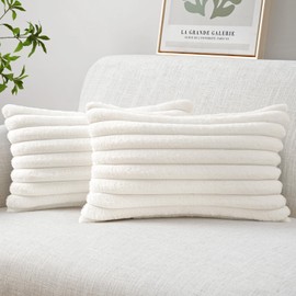MIULEE Faux Fur Lumbar Decorative Throw Pillow Covers 12x20 Inch Set of 2, Modern Spring Home Decor Soft Plush Couch Pillows Cozy Fluffy Cushion Covers for Sofa Bed White