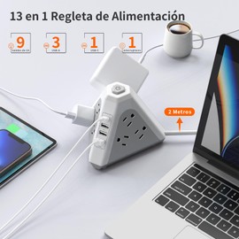 NVEESHOX Regleta Multicontacto, Extension en Torre Triángulo con 9 Enchufes de CA 3 USB y 1 USB-C, Torre multicontacto contra Protector de Sobretensión, Extension Electrica de 2M para Casa, Oficina