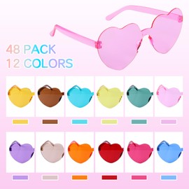 KOMENDANT 48 Pack Heart Shaped Sunglasses 12 Colors Unbreakable PC UV400 Protection, Trendy Rimless Glasses for Women Men Kids, Bulk Party Accessories for Beach Vacation Birthday Photo Props