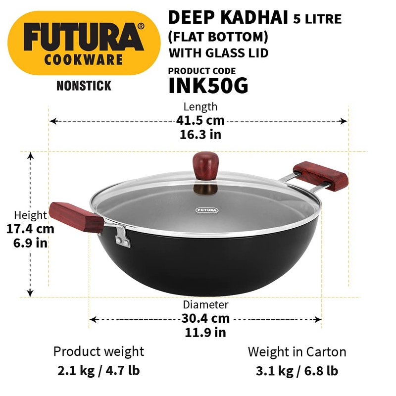 Hawkins Futura 5 Litre Deep Kadhai, Non Stick Kadai with