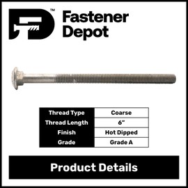 3/4"-10 x 10 Hot Dipped Galvanized Carriage Bolt, Grade A, 6" of Thread, Quantity 20 - by Fastener Depot, LLC