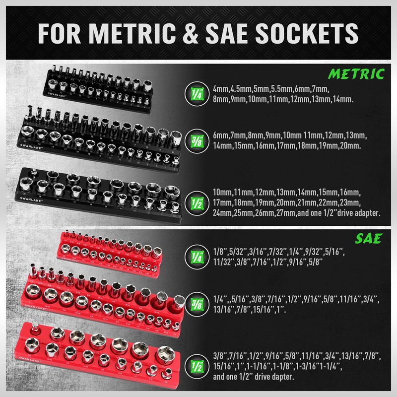 Magnetic Socket Organizer Set, 6PCS Magnetic Socket Holder, 1/4", 3/8",