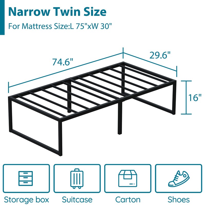 EMODA 16 Inch Narrow Twin Bed Frame 30x75, Heavy Duty