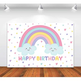 Wuy Rainbow Happy Birthday Backdrop Kids Party Colorful Stars Cloud Sky Photography Background 6x4ft