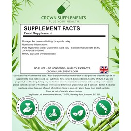 Pure Hyaluronic Acid Capsules | Clean Sodium Hyaluronate and Glucuronic Acid Formula | Firmer Skin Smoother Plumper Skin | Crown Supplements (270 Capsules)