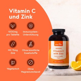Vitamin C High Dose 1000mg + Zinc 15mg | 400 Tablets for 1+ Year | Vegetarian and Without Unnecessary Additives | Support of the Immune System | Alpha Foods