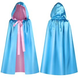 Haysandy Blue Fairy Hooded Cloak Costume, Polyester Cape Cosplay Cloak Princess Costume with Pink Ribbon for Women(4.9 ft)