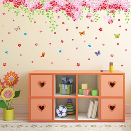 Amaonm Large Huge Fashion Pink Romantic Cherry Blossom Flower Vine Butterfly Wall Corner Decal Wall Stickers Murals Wallpaper for Kids Girls Bedroom Living Room Tv Background Wall Corner Decorations