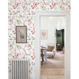 HomKihapai Peel and Stick Wallpaper- Red Floral Wallpaper Boho Wallpaper Peel and Stick Blossom Branches Wallpaper Wall Decor Mural Wallpaper for Bedroom (Spring Red Floral, Sample - 17.7" X 78.74")