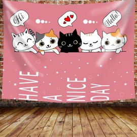 Tapiz de pared de 60 x 40 pulgadas para recámara, color rosa fuerte, dibujos animados, gatos, divertido tapiz para colgar en la pared, tapices de pared para decoración del hogar, lindo tapiz de anime
