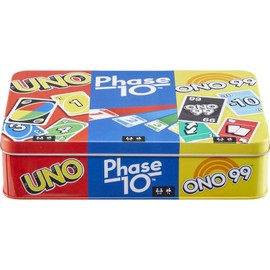 Mattel Games Set of 3 Card Games with UNO, Phase 10 & ONO 99, Travel Fun for Kids & Family Night with Storage Tin Box