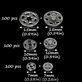 Semetall 300 Sets Plastic Snap Fasteners Buttons Kit,Sew-on Snap Buttons Invisible Snap Fasteners Buttons,Round Press Button for Sewing Clothing DIY Craft, 7 mm 10 mm 15 mm-Clear