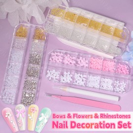 3D Nail Charms and Gems, Pink Colors White Flower Bows Nail Art Charms, Gold Silver Caviar Nails Beads, Half Round Pearl and Flatback Glass Silver&Clear Crystal Gems for Nail Art Decor