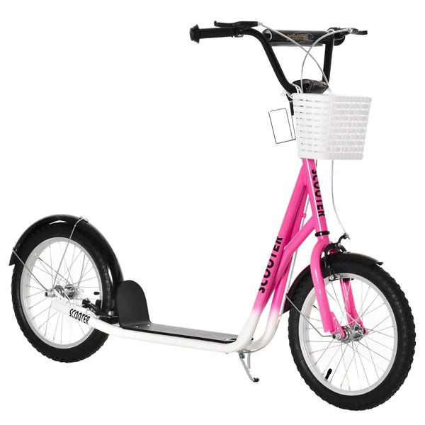 Aosom Youth Scooter, Kick Scooter with Adjustable Handlebars, Double Brakes, 16" Inflatable Rubber Tires, Basket, Cupholder, Pink