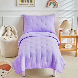 DuShow 4 Piece Toddler Bedding Set,Embroidery Crib Comforter Set for Girls,Includes Toddler Bed Comforter,Fitted Sheet,Flat Sheet and Envelope Pillowcase,Soft Toddler Bed Sheet Set-Purple