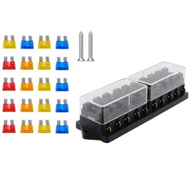 KACEPAR 10-Way Blade Fuse Box With ive Cover, Fuse Box Holder Panel with 5A 10A 15A 20A, Standard Blade Fuses Spade Connector Set for 12V-32V Car Boat Bus RV Truck Marine