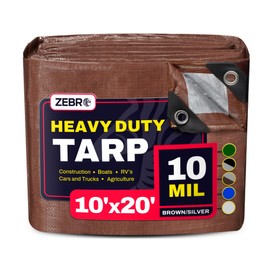 10' x 20' Brown/Silver Heavy Duty Tarp with Grommets Reinforced - 10 Mil Thick - Double Sided Plastic Waterproof Tarps - Large Tarpaulin Cover for Outdoor Camping Tent Tarp RV Roof Rain - Zebro