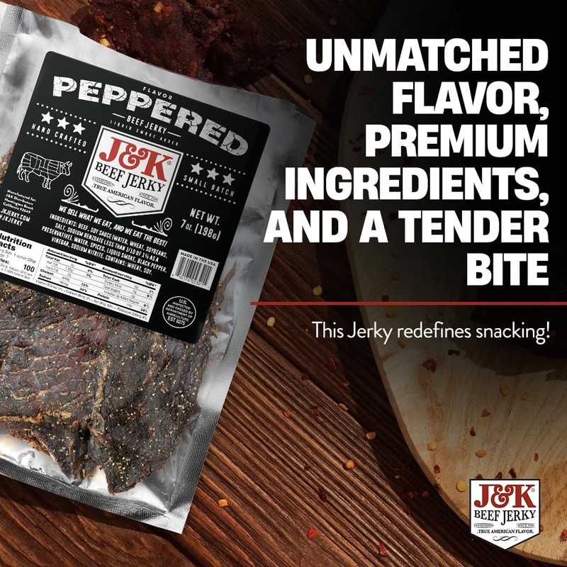 J&K Jerky Small Batch Handcrafted Beef Jerky (7oz, Peppered)