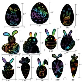 HOWAF 36-Piece Novelty Easter Scratch Picture Pendant Easter Egg Rabbit Scratch Art for Children Easter Crafts Paint Easter Gifts for Kids Boys Girls with Wooden Pins.