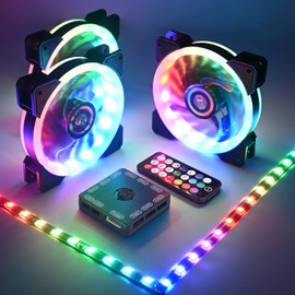 Miheal Addressable RGB LED 120mm Case Fan with Controller for PC Cases, CPU Coolers, Radiators System (3pcs RGB Fans, 2pcs led Strips, 2nd Gen RF Remote Control, A Series)