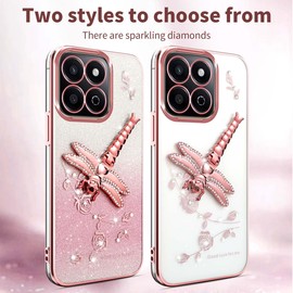 YUEQIAN Glitter Case for Honor X6b 4G, Ultra Thin Transparent Bling Shiny Sequins TPU Shockproof Cover, Diamond Flowers Dragonfly Stand Sparkle Girls Case. Pink