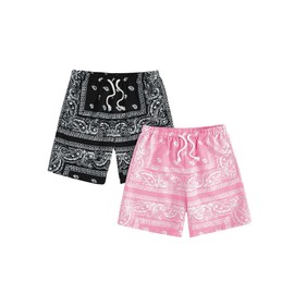 Floerns Boy's 2 Pcs Bandana Shorts Boho Paisley Graphic Print Drawstring Waist Summer Beach Drip Shorts with Pockets Pink 11 Years